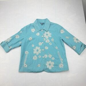 Monterey Bay Womens Floral Embroidered Jacket Turquoise Cotton Size 16